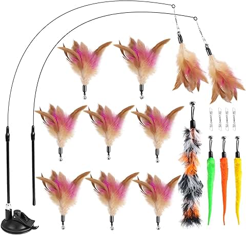 HONGDDY Pluma con Ventosa, Juguetes para Gatos con Campana, 12 Plumas Recambios, Juguetes para Gatos Interactivos Varita Ventosa con Alta Resistencia, para Gato Jugar Solo Juguetes Interior Gatitos  