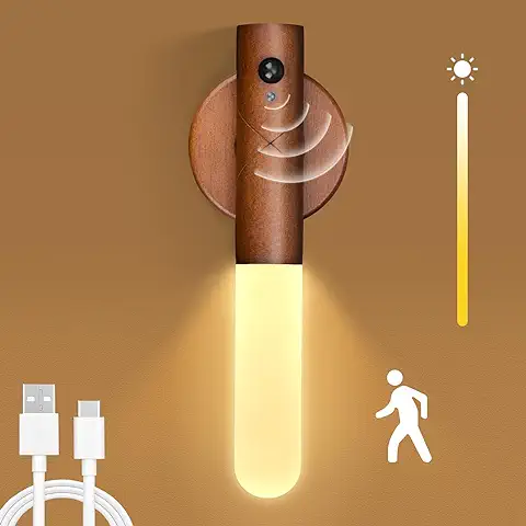 HONGNIX Lámpara de Pared de Madera con Sensor de Movimiento, USB Recargable Luz Nocturna Interior, 2 Modes Luz LED, Magnética, 3 Temperaturas de Color Ajustables, Adecuados para Dormitorios, Pasillos  