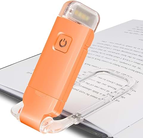 HONWELL Luz de Libro Recargable Luces LED de Lectura con Clip para Niños que Leen en La Cama, 3 Niveles de Brillo Luz de Marcador Regulable para Protección Ocular, Lámpara de Lectura Portátil,Naranja  