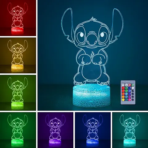 Hoofun Luz de Noche Stitch - Lilo y Stitch, LILO y Lámpara de Puntada con Control Remoto y Sensor Táctil Inteligente (16 Colores, 4 Modos)  