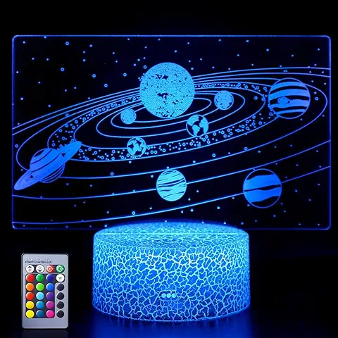 Hoofun Sistema Solar 3D de luz Nocturna, Lámpara de Ilusión Espacial del Universo, 16 Colores Cambiantes, luz Nocturna LED para Decoración de Habitación de Niños en Cumpleaños o Vacaciones  