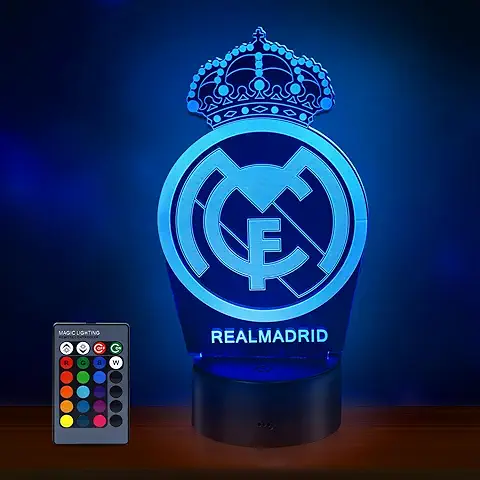 HooJtny real Madrid Lámpara 3D Regalos,real Madrid Fútbol Lámpara, 16 Colores de Iluminacion y Mando a Distancia, Regalos para Niños Futbolistas  