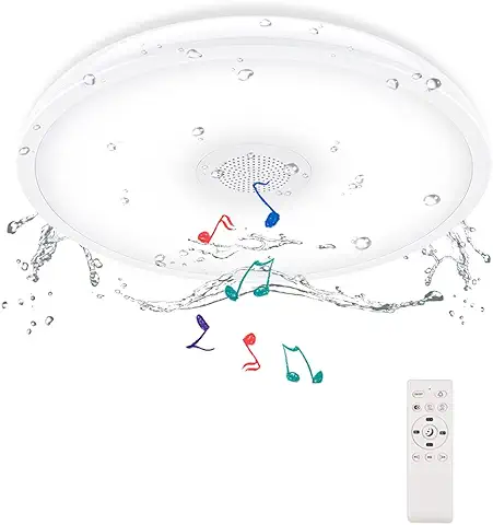 Horevo Plafón Impermeable con Altavoz Bluetooth y Mando a Distancia, 18W 2700K-6500K, 18W IP65 Lámpara de Techo para Baño, Cocina, Dormitorio  