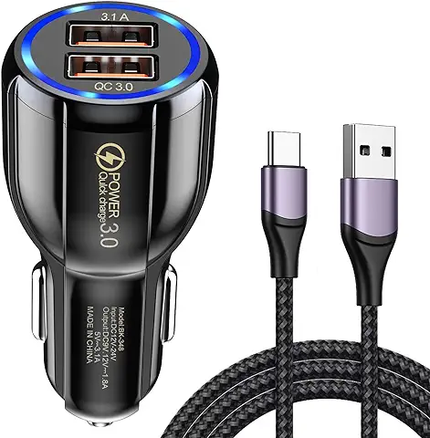 HORJOR Cargador Coche Carga Rapida Cargador Coche USB QC 3.0 Doble Puerto Cargador Movil Coche con Cable De 1m Mechero Coche Compatible con IPhone,iPad,Samsung,Huawei,Xiaomi  