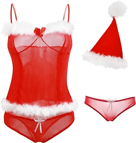 HOTSO Mujer Navidad Conjuntos de Lencería de Fiesta Navidad Sexy Bikini de Ropa Interior Chrismas Semi Transparente Disfraz de Papá Noel Sujetador con Plumaje+Tangas+Gorro Santa  