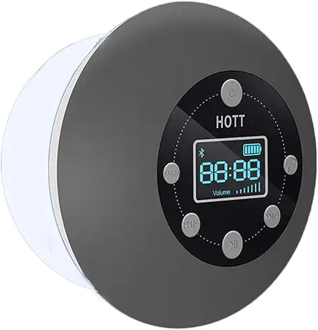 HOTT Altavoz Bluetooth con Ventosa Fuerte, IPX4 Impermeable Altavoz de Ducha, Radio FM, Pantalla de Reloj, Ranura para Tarjeta Micro SD, Recargable por USB, 10 Horas de Reproducción (gris)  