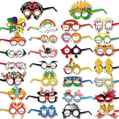 HOWAF Gafas Divertidas 30 Piezas Gafas de Fiesta Photo Booth Máscaras de Disfraces Accesorios para Adultos y Niños, para Halloween, Carnaval, Cumpleaños, Luau, Playa, Hawaiana, Fiesta Mexicana  