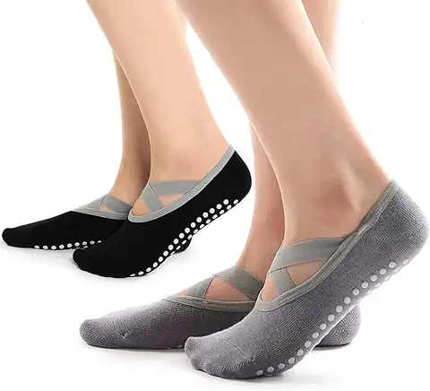 Hually Calcetines Pilates Yoga, 2 Pares Calcetines Antideslizantes Mujer, con Asas y Correas, Barra, Ballet,Fitness Antideslizantes Calcetines(Negro/Gris)  