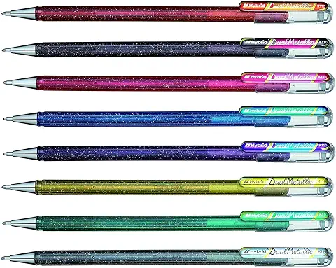 Hybrid Dual Metallic de Pentel - Caja de 8 Boligrafos Roller Gel de Colores Brillantes para Colorear y Decorar con Purpurina  