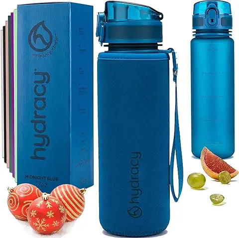 Hydracy Botella de Agua 500 ml con Marcador de Tiempo - Sin BPA con Filtro de Infusión de Frutas - Antigoteo y sin Sudor - Ideal para el Ejercicio y los Deportes al Aire Libre - Medianoche Azul  