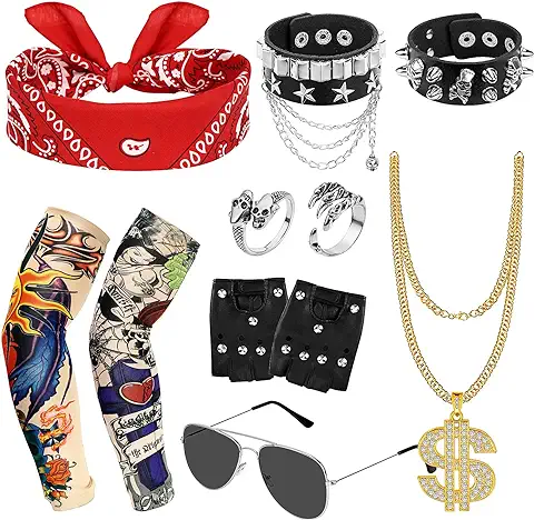 Hysagtek 11 Piezas de Accesorios de Disfraz de Rockero para Niños, Juego de Disfraz punk rock star de los Años 80, Suministros de Carnaval para Fiesta de Discoteca  