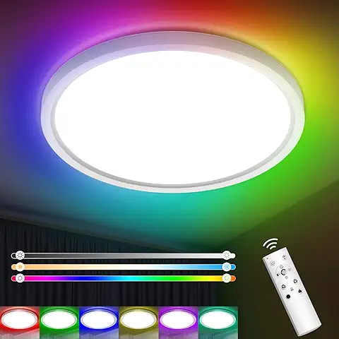 IAB Plafon LED Techo Regulable, 24W+8W RGB Retroiluminación Lampara Techo 3300LM, 3000K-6500K Plafón led con Mando a Distancia, Lampara led Techo para Salón/Dormitorio/Cocina/Oficina/Baño, Ø30  