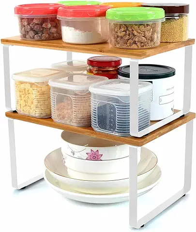 Iarack Organizador Armarios Cocina, Juego Apilable de 2 Estantes para Especias,Estante de Almacenamiento Expandible Especias Organizador,Metal y Bambú-Blanco  