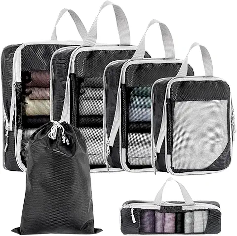 Icyant Organizador De Equipaje, 6 en 1 Set de Organizadores de Viaje de Compresión Expandibles, Organizador Maleta Viaje, Bolsas Organizadoras Maleta Para Ropa, Zapatos,Negro (Negro)  