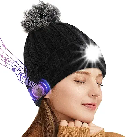 Icyant Gorro Bluetooth con Linterna LED, Musical Beanie Hombre Mujer con Auricular y Micrófono Recargable Gorro de Punto Invierno Hat Sombrero Beanie para Correr Esquí Senderismo Camping  