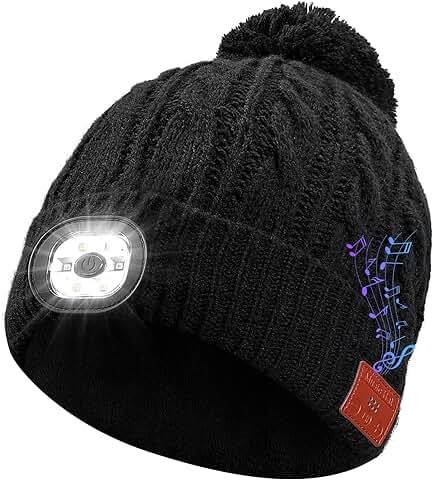 Icyant Gorro Bluetooth con Faro, Gorro Musical Inalámbrico con Auriculares y Altavoces Estéreo Integrados Gorro LED Recargable para Hombres Mujeres Adolescentes Esquí Senderismo Camping Negro  