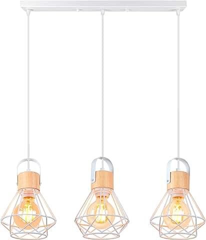 IDEGU 3 Luces Lámpara Colgante Vintage 16cm Lámpara de Techo de Madera Metal Diseño de Jaula Creativo Pantalla Blanco E27 Iluminación de Interior Luz Colgante para Comedor Salón (Araña 3 Luces, Barra)  