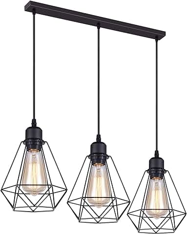 IDEGU Lámparas Colgante Vintage 3 Luces, Lámparas de Techo Industrial Metal Iluminación de Techo E27 en Estilo Jaula Geométrica, Negro, 20cm (3 Luces Barra)  