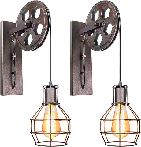 IDEGU Vintage Lámparas de Pared Industrial Apliques de Pared Estilo de Polea Luz de Pared para Dormitorio, Sala de Estar, Restaurante, Bar (2 Piezas - Óxido)  