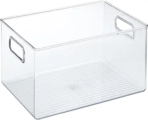 IDesign Caja Transparente con Asas, Organizador de Cocina Extragrande de Plástico, caja Organizadora sin tapa para los Armarios o el Frigorífico, Transparente  