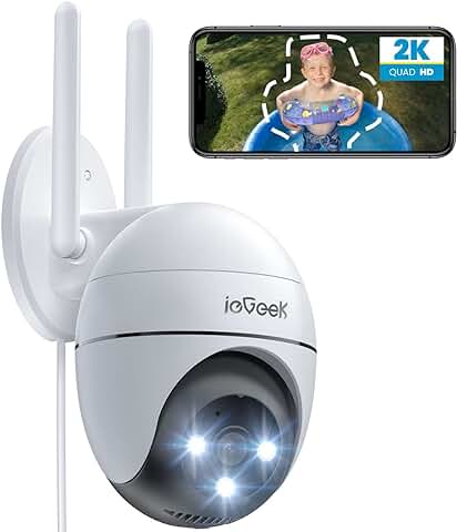 IeGeek 2K Camara Vigilancia WiFi Exterior con Eléctrico, PTZ 355°, Detección de Humano, Seguimiento Automático, Visión Nocturna Color, Alarma de Luz y Sonido, Grabación Continua, Compatible Alexa  