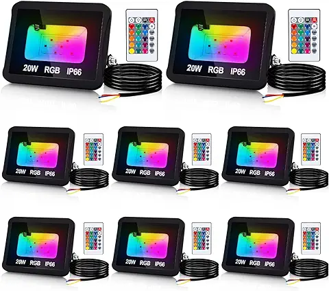 Ikodm Foco Reflector RGB para Exteriores con Control Remoto, 8 Focos LED 20W que Cambian de Color, Inteligente Impermeable IP66, 16 Colores, 4 Modos para Fiesta en el Jardín, Patio Trasero, Navidad  