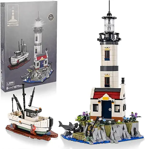 IKUPER Ideas Set de Construcción de Faro y Barco de Pesca con Soporte de Exhibición, Regalos Coleccionables, Actividad Creativa para Adultos y Niños Mayores de 8 Años (1677 Piezas)  