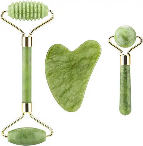 ILamourCar Rodillo Jade, 3 Piezas Gua Sha y Rodillo de Jade Masajeador Facial, para Cuello Cara Ojos Cabeza Cuerpo - Verde  