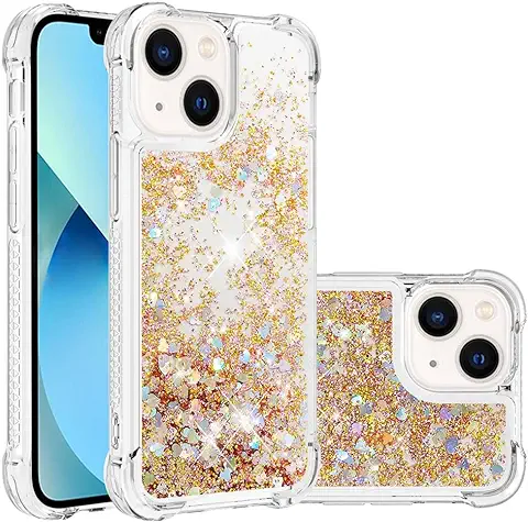 IMEIKONST Funda Compatible con IPhone 13, Glitter Liquida Transparente Case Silicona TPU Antichoque Niñas Mujeres Brillante Arena Movediza Carcasa IPhone 13. Love Gold YBW  