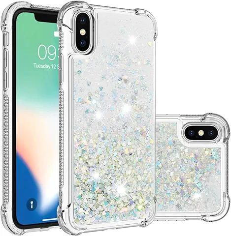 IMEIKONST Funda Compatible con IPhone XS, Glitter Liquida Transparente Case Silicona TPU Antichoque Niñas Mujeres Brillante Arena Movediza Carcasa IPhone X/XS. Love Silver YBW  