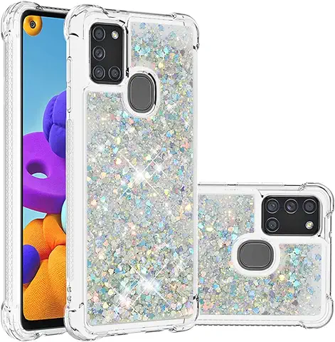 IMEIKONST Funda Compatible con Samsung Galaxy A21S, Glitter Liquida Transparente Case Silicona TPU Antichoque Niñas Mujeres Brillante Arena Movediza Carcasa Samsung A21S. Love Silver YBW  