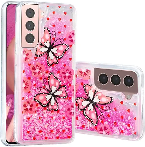 IMEIKONST Funda Compatible con Samsung Galaxy S21 FE, Glitter Liquida Transparente Case Silicona TPU Antichoque Niñas Mujeres Brillante Arena Movediza Carcasa Samsung S21 FE. Bling Pink Butterfly XY1  