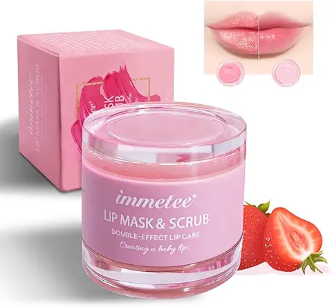 Immetee Exfoliante Para Labios,Mascarilla Labios 2 en 1 Doble Repara Eficazmente Los Labios Secos Y Agrietados,Lip Scrubs Exfoliator,Péptido de Colágeno Mascarilla de Labios(0.35 Oz+Cepillo）  