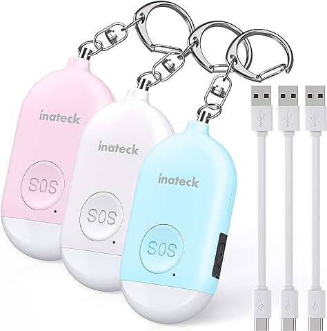 Inateck Alarma Personal Recargable Recordatorio de Batería Baja Llavero de Autodefensa con Iluminación LED para Mujeres, Hombres, Niños y Personas Mayores, 130 db, Paquete de 3, PA1001  