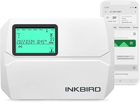 Inkbird IIC-800 Programador Riego WiFi 8 Estaciones, Controlador de Rociador Inteligente,Sistema de Temporizador de Automático, Memoria Incorporada No Volátil,Modo Manual de Soporte,Ajuste Estacional  