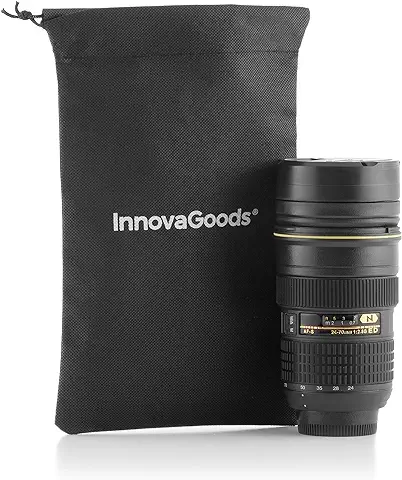 InnovaGoods® Taza Cafe para Llevar Taza Camara Objetivo Lente, Termo Cafe 400 ml, Termo Acero Inoxidable, Apto para Bebidas Frías y Calientes como Colacao, té. Incluye Bolsa de Transport  