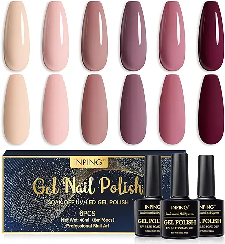 INPING Esmalte de Uñas de Gel Desnudo Semipermanente, 6 Color Desnudo Calvo Pintauñas Gel Natural Marrón desnudo Beige Marrón Oscuro Pintauñas UV para Manicura Franceses kit Otoño invierno DIY 8ML