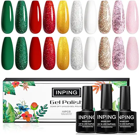 INPING Esmalte Semipermanente, 10 Color rojo Verde Navidad oro Plata Brillante de Esmaltes de Uñas Gel UV Kit Rosa Blanco Marrón Invierno Halloween Navidad Regalo 8ml  