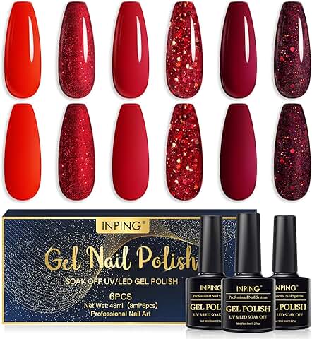 INPING Esmalte Semipermanente Rojo, 6 Color Rojo Brillante Oscuro Serie Pintauñas Gel Vino Tinto Rojo Kit de Esmaltes de Uñas Gel UV para Día de San Valentín Otoño Invierno Regalos Navideños DIY 8ML  