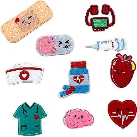 Insignias de tela Bordadas Parches Adhesivos para Coser Parches para Planchar 10 Piezas de Dibujos Animados Suministros Médicos Bordado Parche de Tela, de Dibujos Animados Corazón Enfermera Parche  