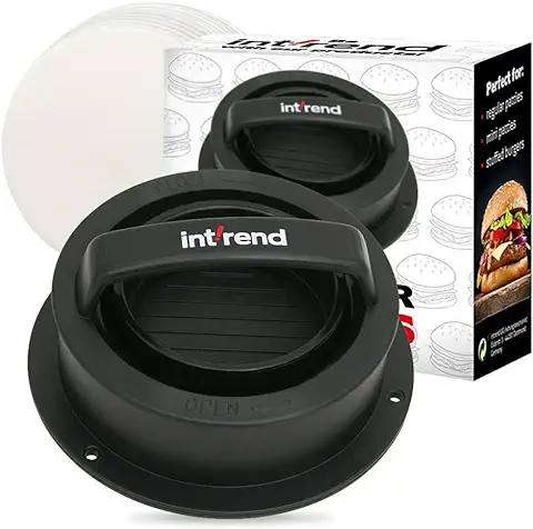 Int!rend 3 in 1 Burger Press - Haz la Hamburguesa tú Mismo | Juego Burgermaxi | 60 Papeles para Hamburguesas | Utensilios de Cocina | Accesorios para Barbacoa | Prensa para Hamburguesas | Negro  