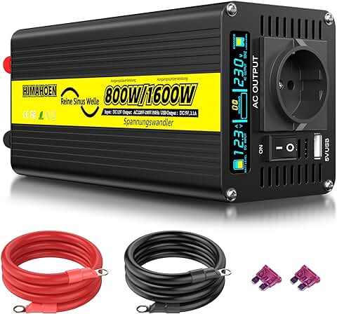 Inversor 800W 12V a 230V Convertidor de Voltaje de Onda Sinusoidal Pura, para el Hogar, RV, Camión, con 5V/2.1A Puerto USB Incorporado  