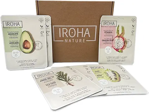 Iroha Nature- KIT TRATAMIENTO FACIAL NATURAL Extracts con 6 uds Mascarillas Faciales de Tisú. Aporta a tu piel el plus de VITAMINAS e HIDRATACIÓN que Necesita con Arbol de té, Aguacate, Noni y Pithaya  