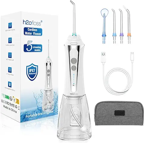 Irrigador Bucal Portatil, H2ofloss Irrigador Dental con 4 Boquillas 5 Modos 300ml, USB Recargable IPX7 Impermeable Irrigadores Bucales, de Familia y Viajar  