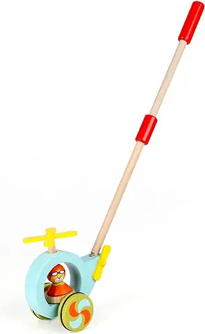 Jacootoys Juguete de Madera Niños con Empuñadura y Tracción a lo Largo de Helicóptero Caminar con Palo Desmontable de 24 Pulgadas  