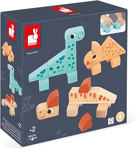 Janod - Juego de Construcción Cubikosaurus - 3 Dinosaurios de Montar - Juego de Estímulo de Apilar - Juguete Madera FSC - A Partir de 24 Meses, J05833  