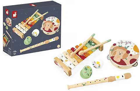 Janod - Kit 5 Instrumentos Musicales para Niños de Madera Sunshine - Instrumento Musical para Niños - Juguete de Imitación y Estímulo Musical - Pintura al Agua - A Partir de 18 Meses, J07615  