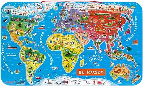 Janod - Puzzle Magnético Mapa del Mundo en Madera- 92 Piezas Magnéticas - 70 x 43 cm - Versión Española - Juego Educativo a Partir de 7 Años, J05503  