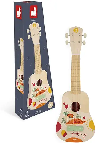 Janod - Ukelele de Madera Sunshine - Instrumento Musical para Niños - Juguete de Imitación y Estímulo Musical - Pintura al Agua - A Partir de 3 Meses, J07636  