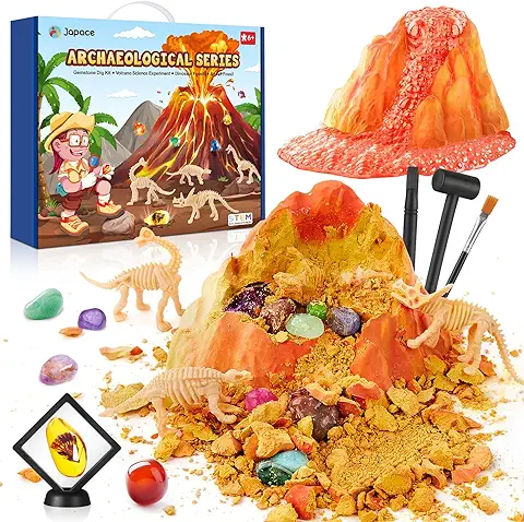 Japace Kit de Excavación para Niños, Excava 12 Piedras Preciosas y 4 Dinosaurios y Fosiles de Ámbar, Kit de Excavación de Gemas, Juegos y Juguetes Científico y Educativo para 5 6 7 8 9 10 Años  